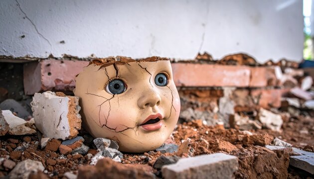 Cracked porcelain doll's face peering out from beneath collapsed brick wall ruins