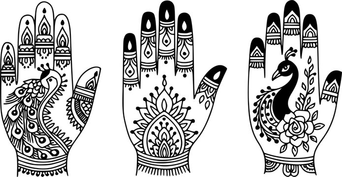 Mehndi henna palm set with solid black peacock, lotus and floral patterns, filled silhouette hand illustration for bridal wedding, Indian festival and tattoo designs