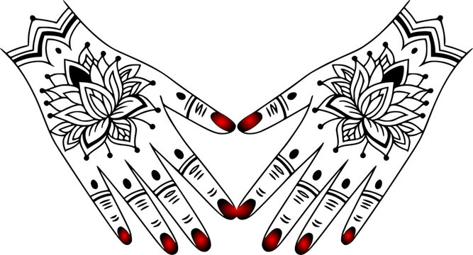 Mehndi henna paired hands with lotus flower pattern and red nails, black outline bridal tattoo illustration for wedding cards, festival and beauty designs