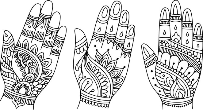 Mehndi henna hand pattern set with intricate floral and mandala designs, black and white outline illustration for wedding, festival and tattoo art collections