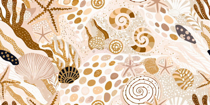 Seashell pattern beige and brown coastal illustration