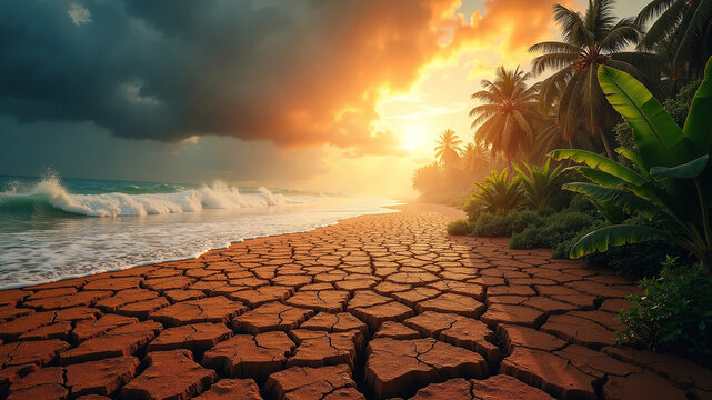 El Nino Climate Change Concept: Severe Drought and Cracked Earth Meeting Stormy Tropical Ocean Waves