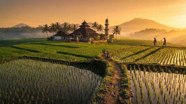 Golden Hour Serenity - Mosque Amidst Lush Rice Paddies at Sunrise.