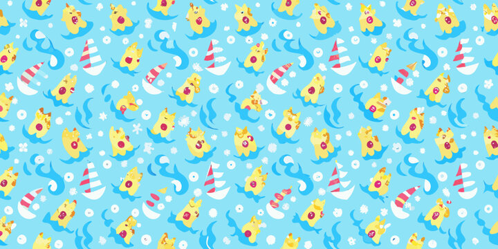 Corgi surfing pattern repeating illustration with dogs and waves