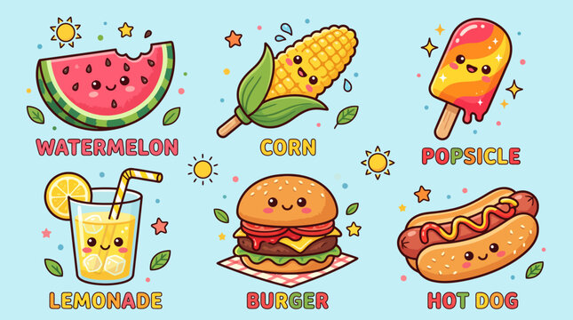 Kawaii summer food and drink stickers set with cute characters including watermelon, corn, popsicle, lemonade, burger, and hot dog