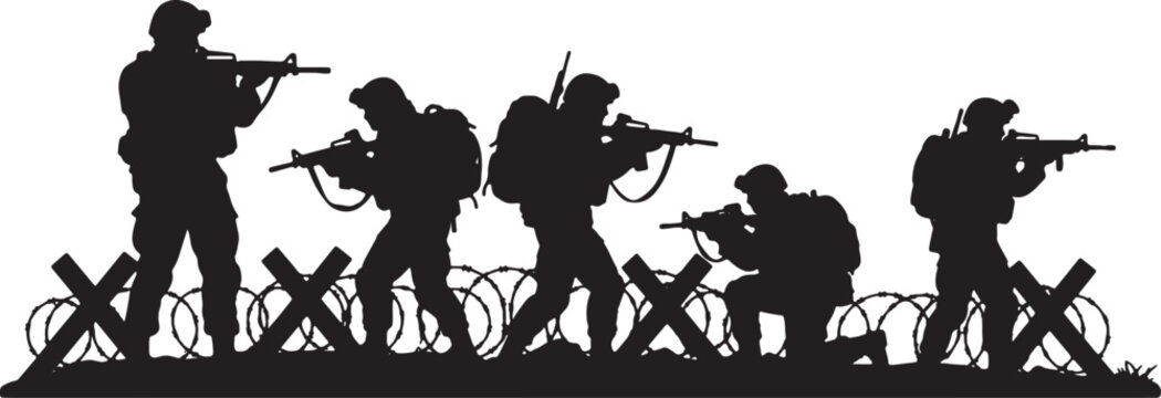 Silhouette of a group of five soldiers in full combat gear with assault rifles moving behind military fortifications with barbed wire and tank traps on a white background.
