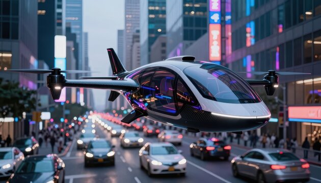 An eVTOL air taxi hovers above busy city streets. This air taxi showcases modern technology amid a mix of cars and pedestrians below.