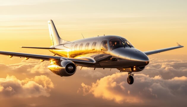 An eVTOL air taxi glides through clouds during sunset. The sleek air taxi showcases modern design and technology in the evolving air transportation landscape.