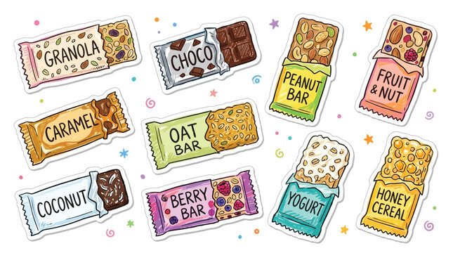 Collection of assorted healthy snack bars including granola, chocolate, peanut, fruit, caramel, coconut, oat, berry, yogurt, and honey cereal.