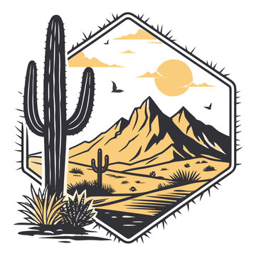 Vintage desert landscape illustration featuring saguaro cactus and mountains in hexagonal frame mountain landscape adventure sunlight southwest