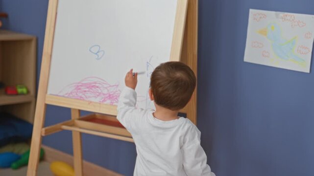 Boy holds marker and draws on easel whiteboard, arm extended over pink scribbles beside a bird drawing and toy shelf in a playroom; curiosity early learning.