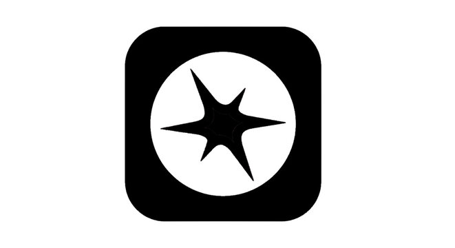 Minimal black silhouette icon, simple flat vector, bold black shape, no, no shading abstract star shape icon inside a circle on a black rounded square background on a, flat icon style