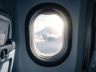 Naklejka premium Scenic Aerial View of Snowy Mount Fuji Peak Through Airplane Window