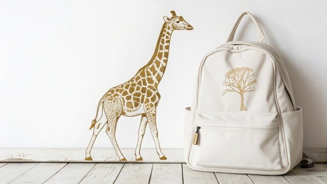 A white backpack with a tree design stands next to a wall decorated with a giraffe illustration on wooden flooring.