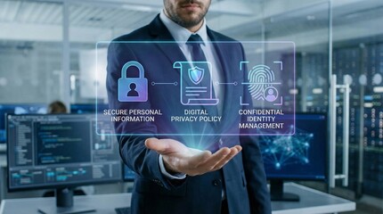 Obraz premium Professional business person interacting with a glowing holographic interface showing data security and digital identity management icons in bright office