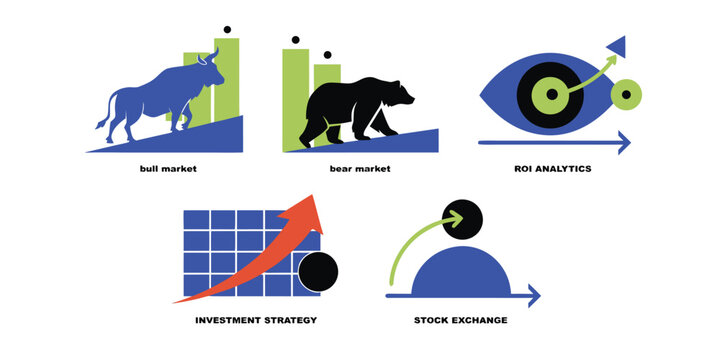 Collection of colorful finance and business icons with bull and bear market symbols.