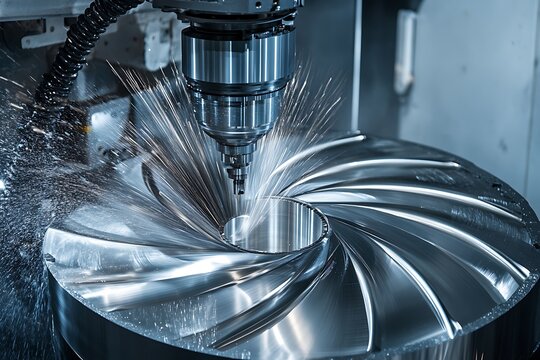 High precision cnc machining of a turbine blade metalworking process with sparks and coolant