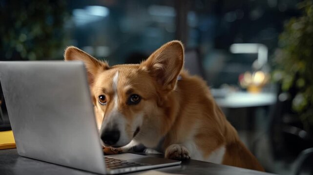 Corgi sits at a laptop, wearing a necktie