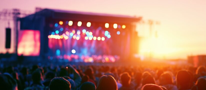夕暮れの音楽フェスを彩るカラフルなステージ照明背景