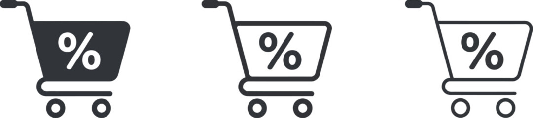 E commerce shopping cart icon with discount percentage sign in solid, line, and hand drawn styles. © Golapi