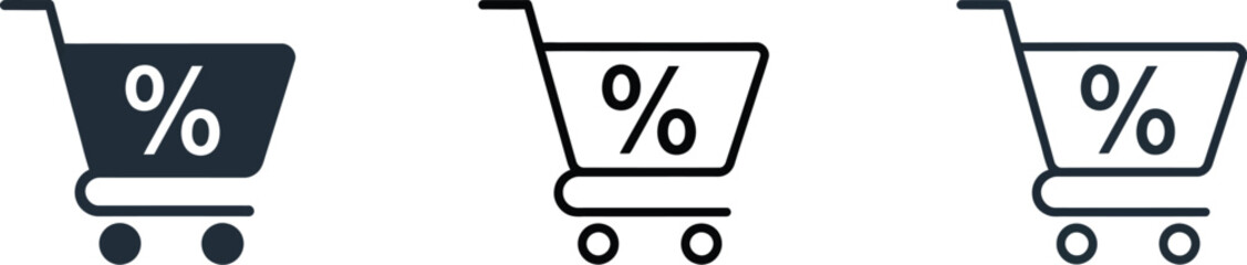 E commerce shopping cart icon with discount percentage sign in solid, line, and hand drawn styles. © Golapi