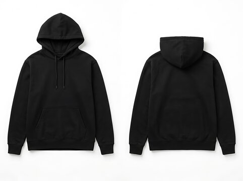 Black hoodie mockup on a white background front and back views for apparel presentation and design