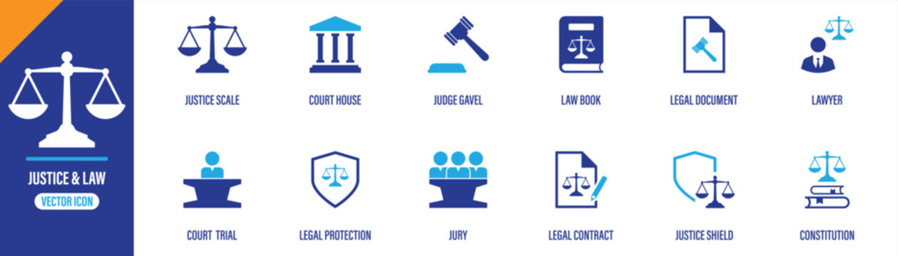 Justice and Law Icon Set &ndash; Court Legal Protection and Justice Symbols Collection
