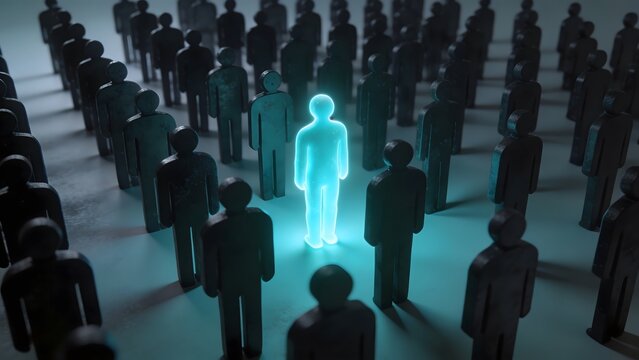 One bright glowing translucent figure illuminated in blue light, standing in the middle of a crowd of black identical person models. Concept for leadership and individuality.