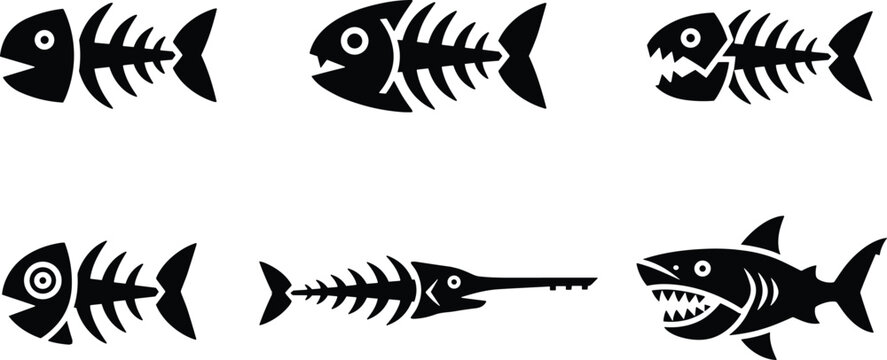 Fish Skeleton and Shark Bone Silhouette Collection with Marine Animal Fossil Icons Vector Set