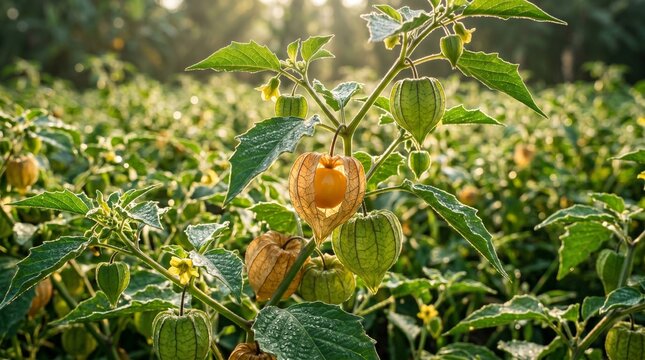 Golden cape gooseberry fruits ripening on the branch in a sun-drenched field with dew drops on the leaves, macro photography of organic produce