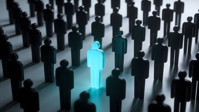 A glowing neon blue human figure standing out among a dense crowd of dark miniature people silhouettes on a dim background. Concept of leadership, individuality, and uniqueness.