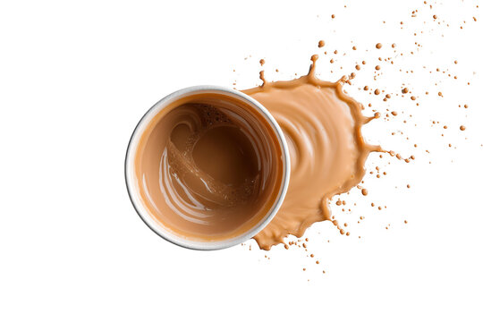 Top view of coffee cup with spilling coffee