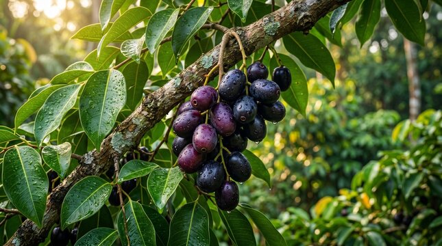 Fresh Organic Jamun Fruit Clusters Hanging on a Tropical Tree Branch in a Lush Green Orchard during Sunny Morning