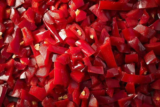 Close up of vibrant diced red chili peppers showcasing intense color and texture for culinary applications and spice production