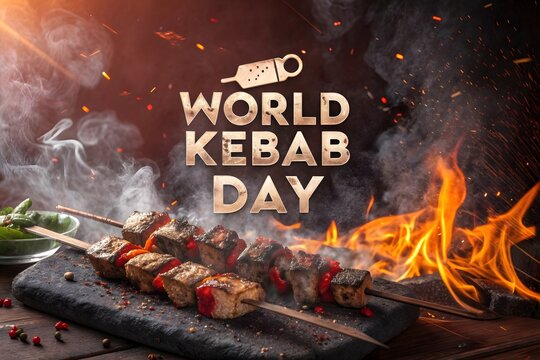 World kebab day celebration poster featuring delicious grilled meat skewers on a hot stone plate surrounded by intense flames