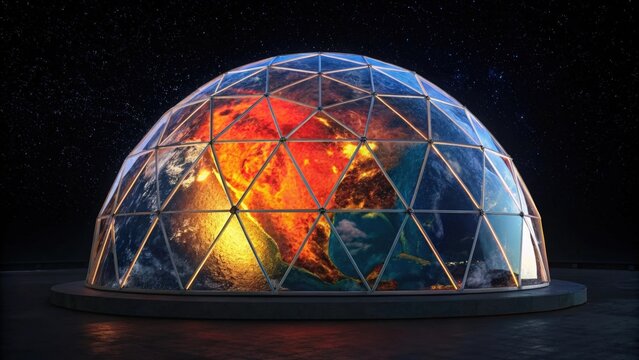 Transparent geodesic dome with vibrant colorful lighting inside on a dark starry night background.