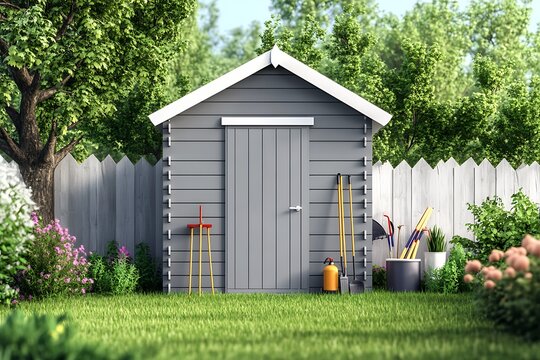 Gray backyard garden shed with tools and gardening equipment