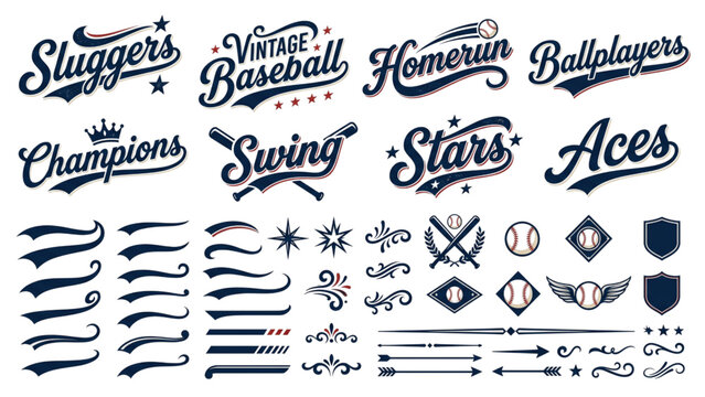 Retro Baseball Typography Collection with Flowing Script Wordmarks, Dynamic Tail Swashes and Sporty Underline Swooshes Vector Set