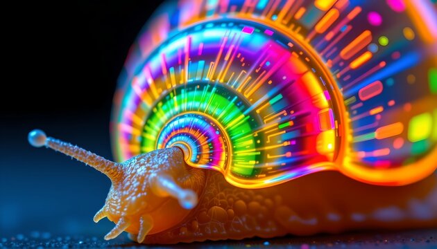 The image features a close up of a snail with an iridescent, rainbow colored shell that displays vibrant patterns and glowing hues