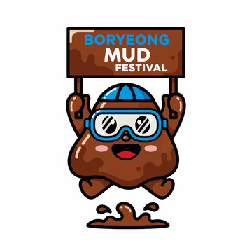 Cute Mud Character Holding Boryeong Mud Festival Sign.