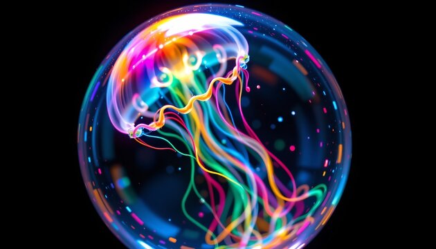 The image features a vibrant, glowing jellyfish floating inside a transparent spherical dome against a dark background