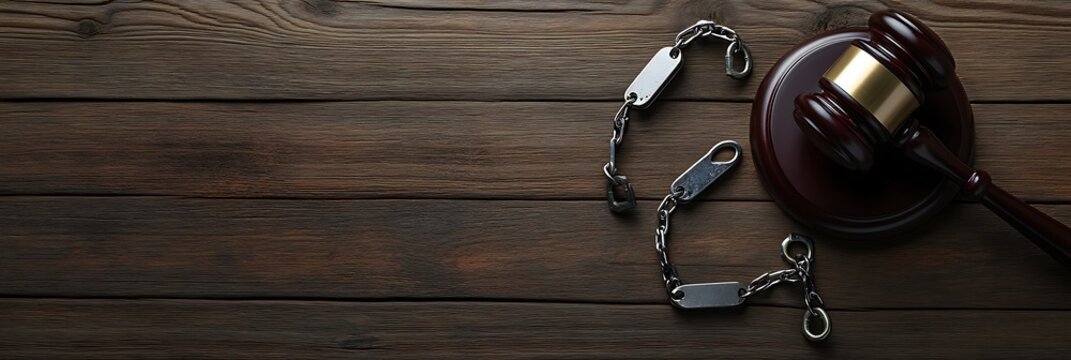 Gavel and handcuffs on wooden table symbolizing law and justice