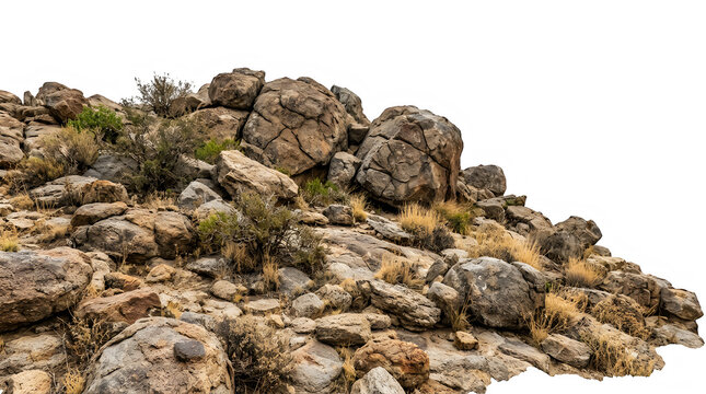 Rocky terrain, rugged landscape, stone hill, desert plants isolated on Transparent Background