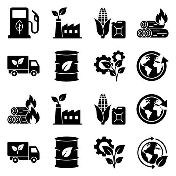 Collection Of Black Flat Icons Representing Renewable Energy And Agriculture