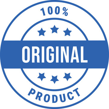 Blue 100 Percent Original Product Badge with Stars on White Background