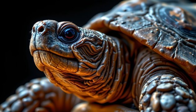 The image features a close up view of a turtle, highlighting its textured skin and shell. The turtle's head is prominently displayed, with detailed wrinkles and features around its eye and nostrils