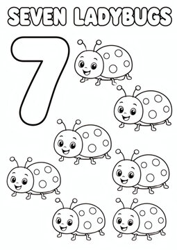 Cute coloring page with number seven and seven smiling ladybugs. Fun educational activity for kids to learn numbers and counting. Perfect for preschool or kindergarten.