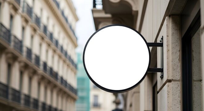 Circular sign mockup on building exterior realistic street view for branding and logo presentation