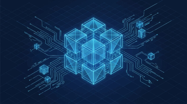 Abstract digital network of glowing blue cubes and circuits.