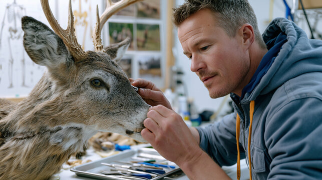 Taxidermist at crowded natural history museum storage facility wheels archival specimen cart past shelved mammal preparations, candid unposed moment of professional routine, preservation records att